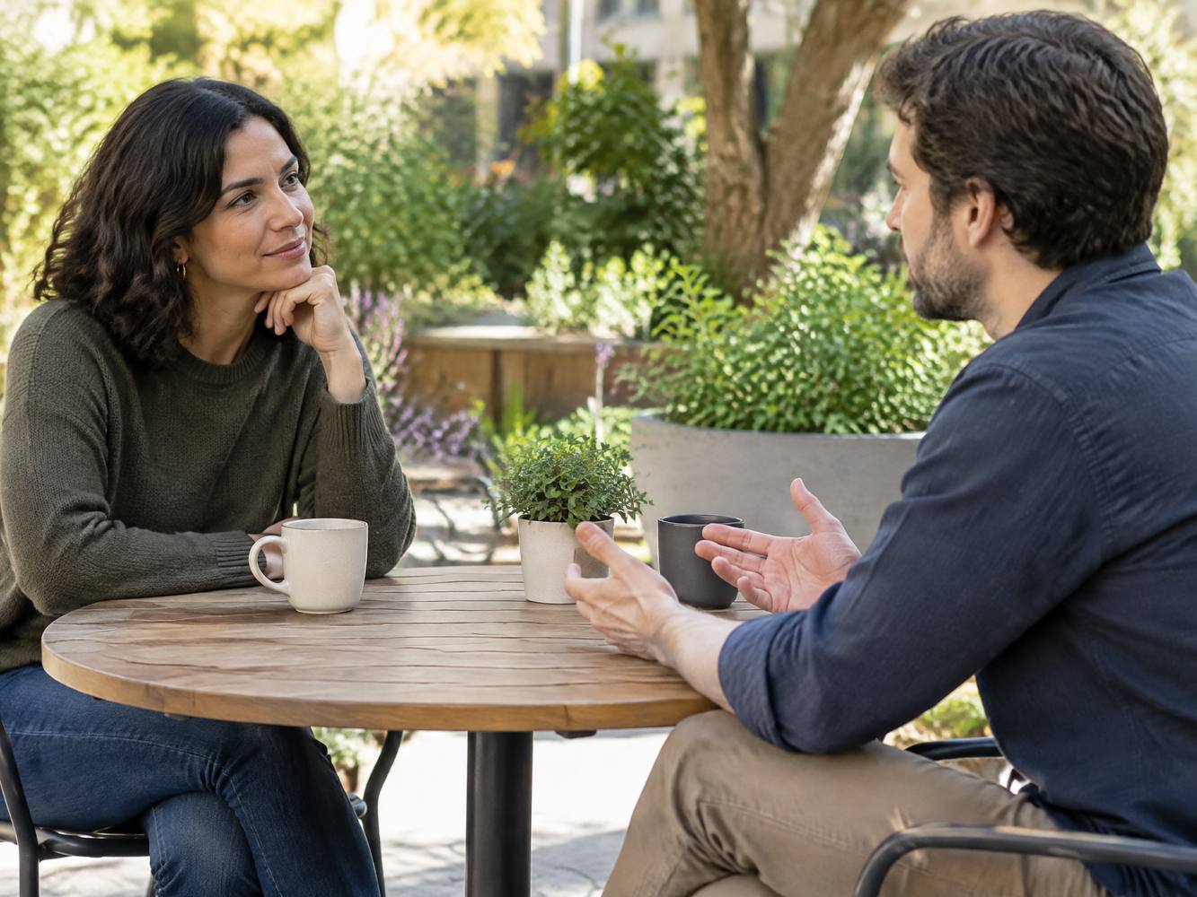 Two adults listening respectfully at an outdoor coffee table.