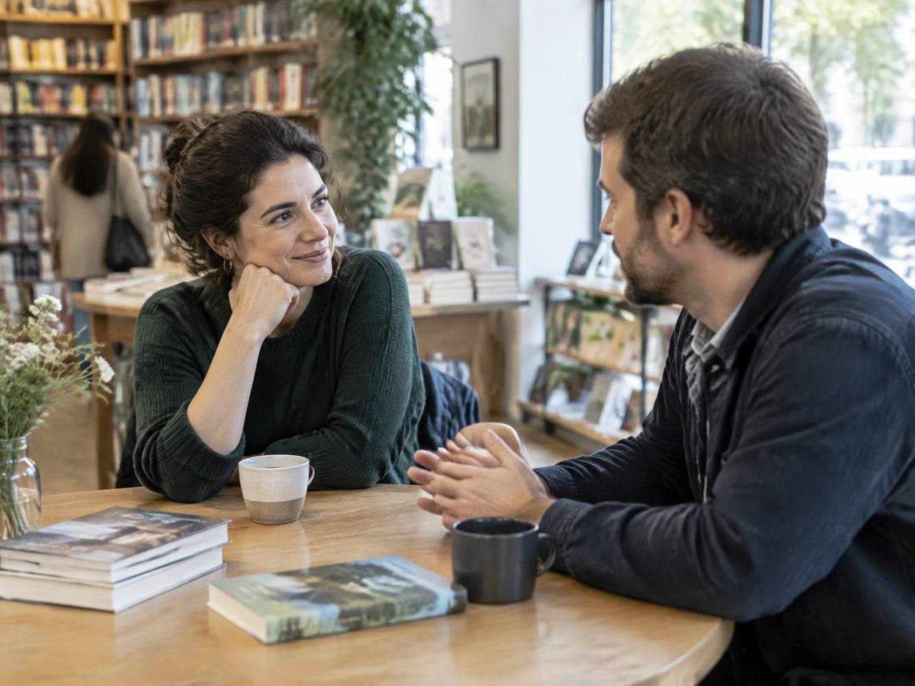 Two adults having a calm conversation in a bookstore.