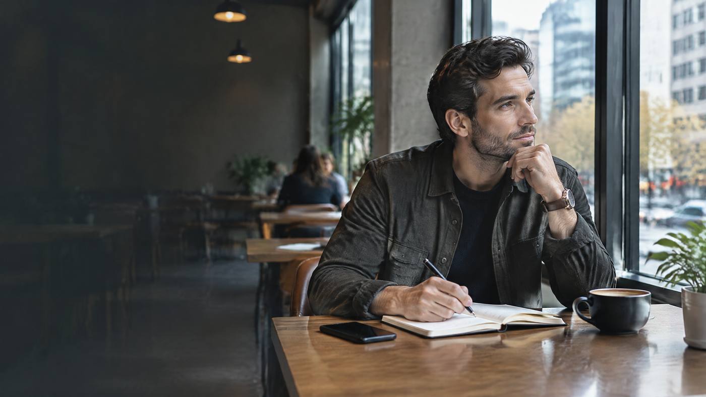 Adult man journaling at a modern cafe.